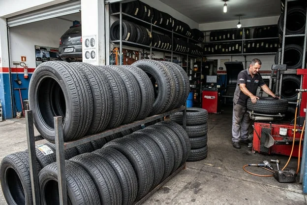 Diferentes pneus disponíveis em borracharia em Taubaté.