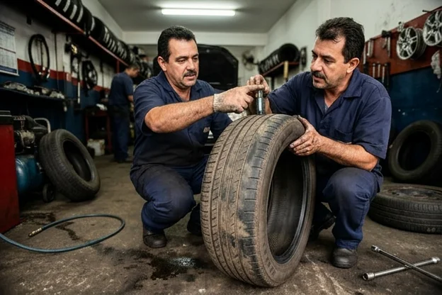 Mecânico demonstrando cuidados com pneus em Taubaté.